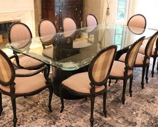 Etched Rose Vine Glass Top Dining Table with 10 Black Lacquered Upholstered Chairs