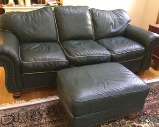 Flexsteel Green Leather Sofa and Ottoman