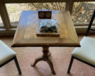 Victorian pedestal table with chessboard/checkerboard top and matching chairs