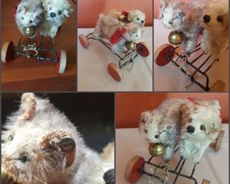 Steiff Mohair Kitty and Puppy Pull Toy