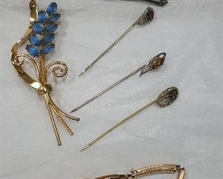 Sterling Pins, Gold Watch, Old Stick Pins.