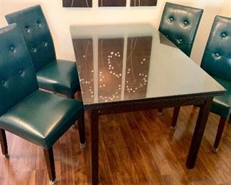 *4 Pier 1 Teal Parsons Leather Chairs $39ea
*Glass Top Butterfly Dining Table 55 x 35.5 x 30h with 2 hidden pullout 19.5” leaves $350
