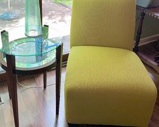 MidCentury Modern legged, 2 Tier Glass table (2 available) 20x20x38”h $45 ea
Lime Green Accent Chair 27 x 39 x 19 $95