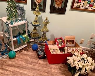 2 lime trees  w/ AquaTrim $15
Aqua & green bows 2 for $5
Box of 4-6 ornaments $2 ea
White poinsettias $3 ea