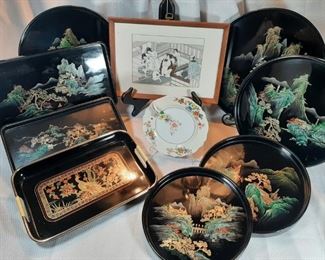 Oriental Lacquer Serving Trays Wall Hanging and China Decorative Plate