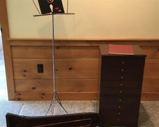 Sheet Music, Stand, and Cabinet