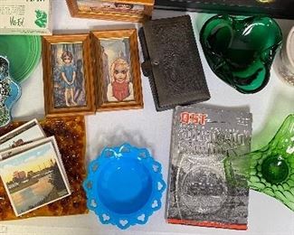 Trio Big Eyes small prints , mid century glassware, Disney land glass dish, dominoes in tooled leather case