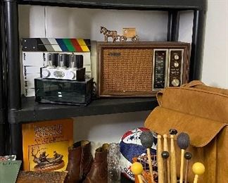 Signed Harlem Globetrotters basketball, percussion sticks, leather briefcase, old radio, groovy leather boots