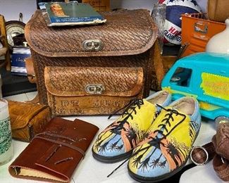 Tooled leather case, leather palm tree shoes, Scooby Doo van, leather journals, dominoes, Indian crock