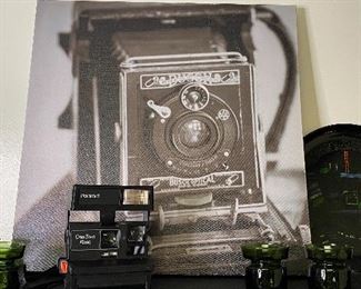 Art canvas, 70’s green votives Polaroid camera