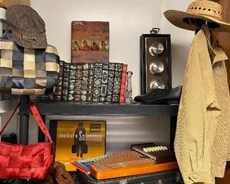 Leather bound books, seat belt bags, harpsichord ,