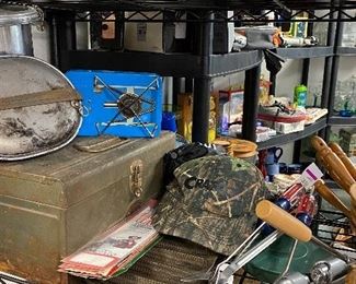 Blue miniature camping stove, craftsman tool brand BBQ utensil set