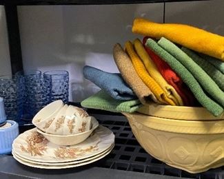 Blue French ramekins, large antique mixing bowls, new organic natural dyed wool clothes
