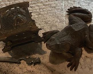 Judd Hubley paper rack, bronze frog and Bauhaus pewter sea horse letter opener Max Keig