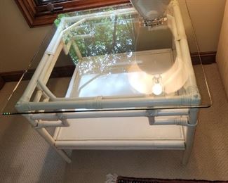 $35.00, Glass top Rattan side/corner table 33"