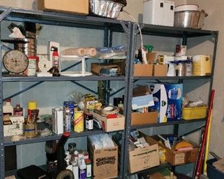 Metal shelves, enamelware and misc. paints etc.