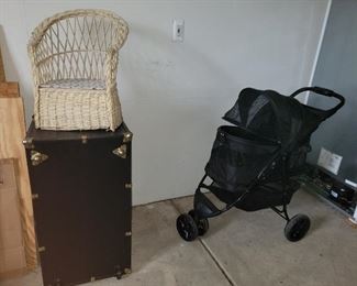 Childs wicker chair, dog cart, trunks