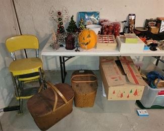 Vintage yellow kitchen chair step stool, old picnic baskets, holiday decor