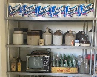 Overstock supples, crocks, vintage bottles. 