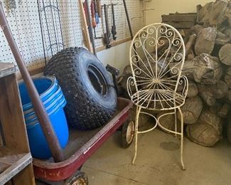 Red wagon & Metal Outdoor Chair 