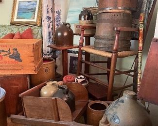 Antique Crocks ~ Sugar Bucket, wood boxes