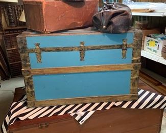 Antique blanket chest, trunk, wooden box  and old Dr.'s bag