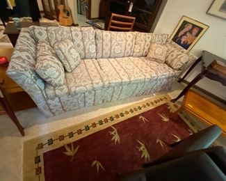 #19	92 inch tan pattern sofa with 6 loose  cushions	 $200.00 
