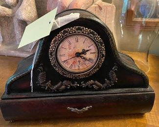 #27	Wood Arched mantel clock with a drawer on bottom battery operated 	 $65.00 
