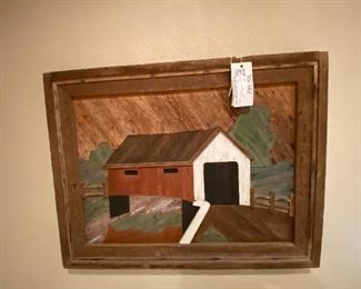 #44	covered  bridge wood inlay picture 30x23	 $100.00 

