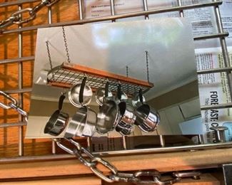 #52	pots and pan hanging rack stainless and wood on chain with hooks 36x13 17" chain	 $150.00 
