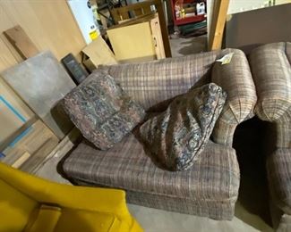 #73	52 inch blue, red cream pattern loveseat with 2 loose pillows 	 $40.00 
