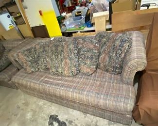 #72	76 long blue, red, cream pattern sofa with 4 loose pillows 	 $75.00 
#73	52 inch blue, red cream pattern loveseat with 2 loose pillows 	 $40.00 
