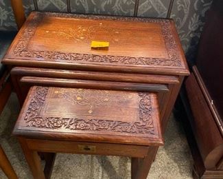 #138	Sheshom Carved & inlaid  Wood 4 Nesting Tables  (bottom table w/drawer)	 $150.00 
