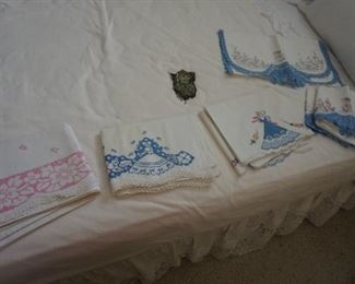 embroidered pillow cases and dresser scarf