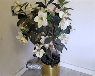 Faux Magnolia Tree in brass planter ~ 51 in.