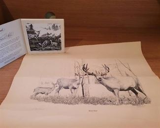 Mule Deer Print 231/1000 and Currier ans Ives Deer Tile