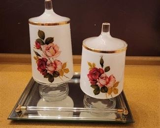 Mirror Tray with 2 Glass Storage or Candle Jars