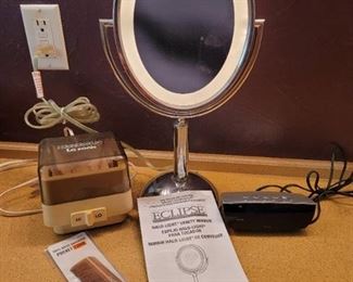 Lighted Vanity Mirror, Jewelry Cleaner, Clock and Wood Comb