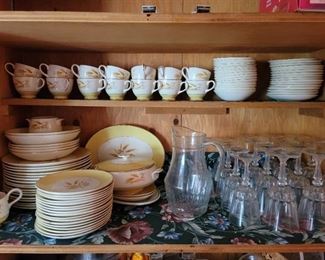 92 pc set of Vintage 1950's Century Service Autumn Gold Dinnerware and 19 pcs of clear drinkware