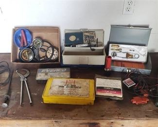 Spark plug repair coil tool, guages, shims, gasket/ring assortment, brake Pliers and cobra gt electronic ignition analyzer