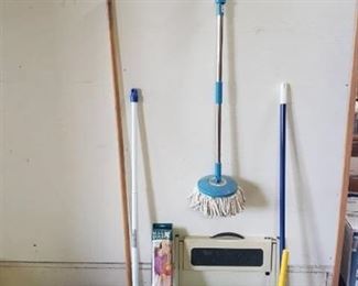 360 Spin mop, broom, step stool, magic holder, plunger, waste baskets and vintage dust pan