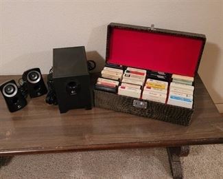 3 Logitech Speakers and Box of 8 Trak Tapes