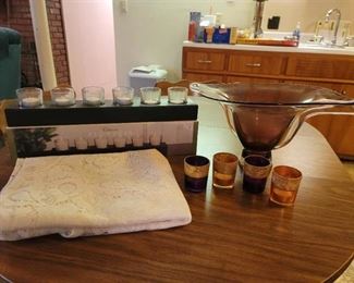 Candle Holders, Lace Tablecloth and Large Glass Dish