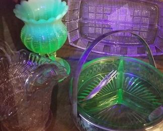 Vaseline Uranium glass goblet and Uranium glass divided basket glowing under black light!