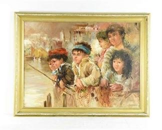Vintage Children At A Wharf Oil Painting On Canvas By C. Romano, Framed & Signed