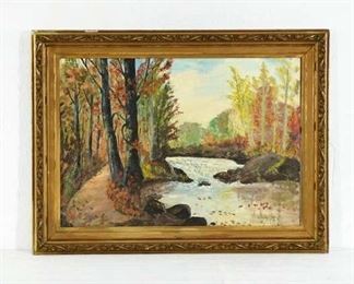 Rich Autumnal Forest With Waterfall Landscape Oil Painting On Canvas, Framed