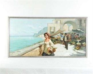 Original Signed Woman At Market Oil On Canvas Painting, Framed