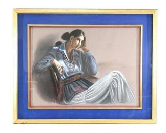 Peaceful Vintage Pastel Seated Woman Portrait By Sheila Hill, Heavy Frame 