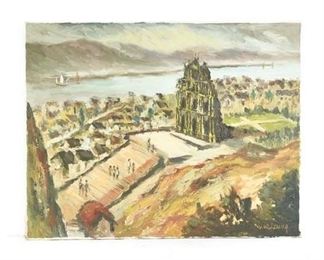 Vintage Landscape With Building Facade Oil Painting On Canvas, Unframed