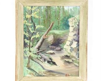 Bright Path In Wooded Landscape Oil Painting On Canvas, Framed & Signed